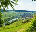 Boven uitzicht op de stad Zell in de Moezelvallei en de rivier de Moezel in de zomerdag, Duitsland
