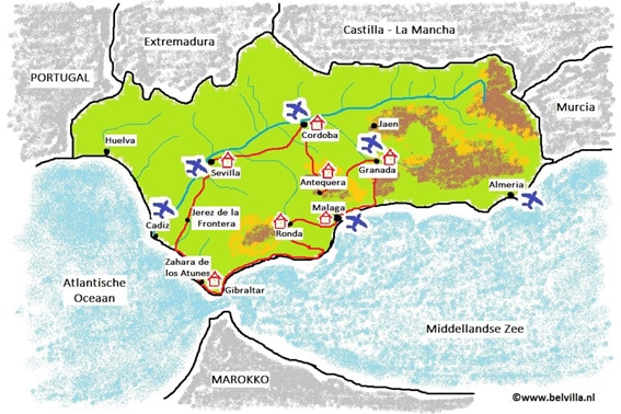 De kaart van Andalusië