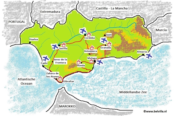 De kaart van Andalusië: onze rondreis in Zuid-Spanje gaat via Sevilla naar Cordoba, Antequera, Granada, Malaga, Ronda en Zahara de los Atunes weer terug naar Sevilla De kaart van Andalusië