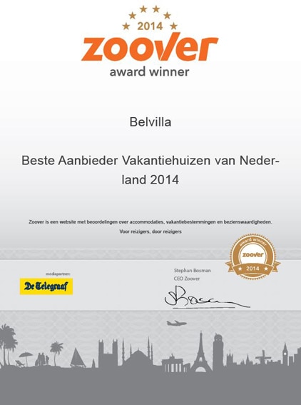 Zoover Award 2014_Beste Aanbieder Vakantiehuizen_Belvilla_certificaat_2