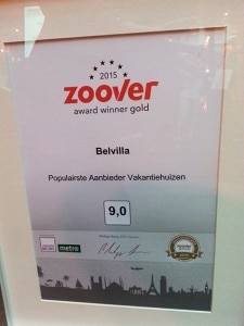 Zoover Award 2015_Populairste Aanbieder Vakantiehuizen_Belvilla_certificaat