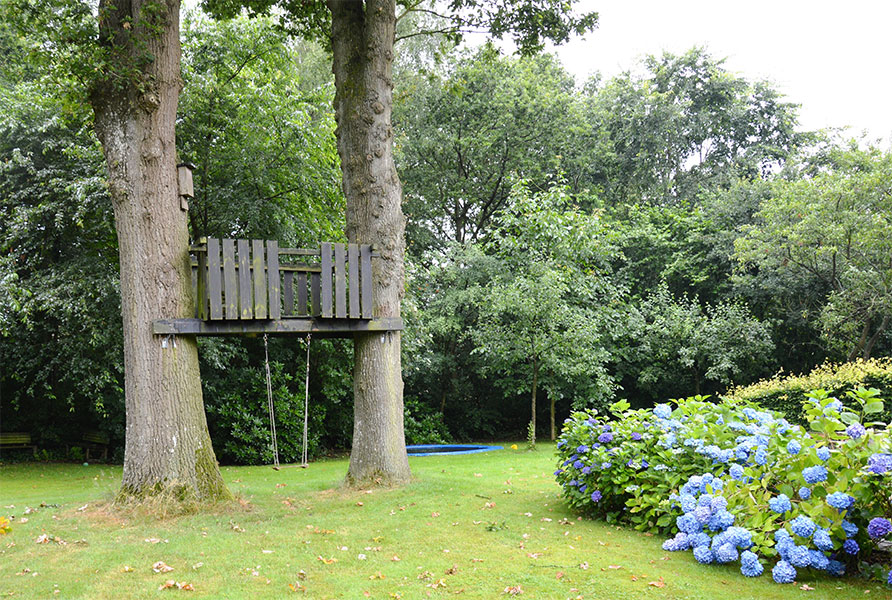 Extra speelplezier: onder de boomhut hangt een schommel en daarachter ligt een trampoline