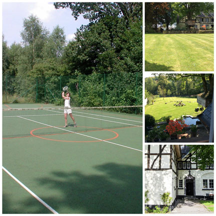 collage exterieur tennisbaan tuin uitzicht Mess des Officiers Belvilla vakantiehuizen